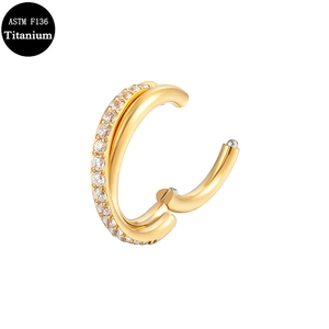 ASTM F136 titanium double layer crossover nose ring with white zircon in gold finish