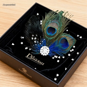 Peacock feather hair clip with crystal rhinestones in a premium black gift box