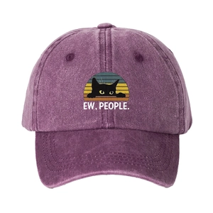 Vintage washed purple cotton baseball cap with a black cat design and Ew People text