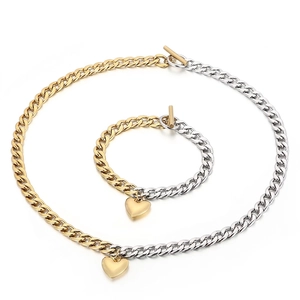 Heart Pendant Stainless Steel Necklace And Bracelet With OT Buckle Bicolor Cuban Chain Jewelry For Women