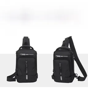 Detail view of black waterproof nylon crossbody chest bag with multiple zip compartments