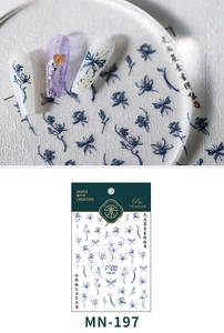 Macro detail of MN-197 5D nail stickers featuring blue floral and dragonfly patterns