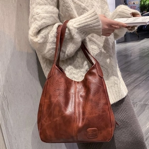 Vintage PU Leather Tote Bag Large Capacity Minimalist Shoulder Handbag For Women Korean Style Retro Commuting Travel