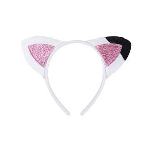Cute plush cat ear headband for kids featuring white fur with pink glitter and black accents