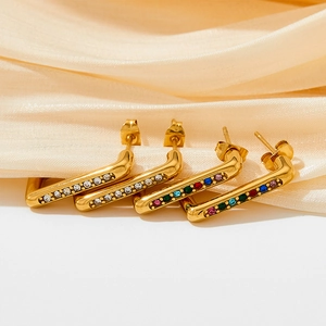 Gold stainless steel square stud earrings set with multicolored and white cubic zirconia