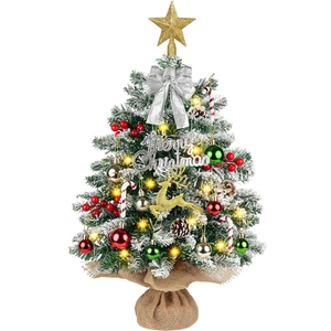 55cm mini Christmas tree with LED lights, ornaments, and burlap base on white background