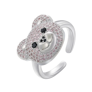 Close-up of teddy bear ring with pink micro-pave zircons and adjustable silver band