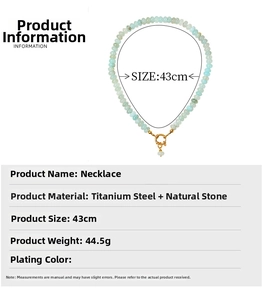 Detail view of aquamarine natural stone beaded necklace with 43cm length and 44.5g weight