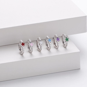 S925 sterling silver star hoop earrings with colorful enamel and zircon stones