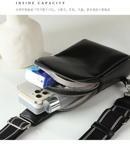 Internal view of crossbody bag showing capacity for phone, cosmetics, and small essentials