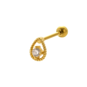 Macro shot of gold teardrop barbell earring with twisted texture and round clear gemstone