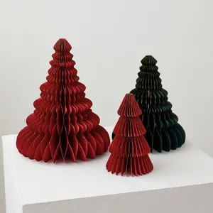 Three-piece honeycomb paper Christmas tree set in red and green with golden edge details
