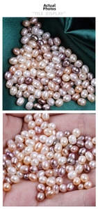 Macro view of 4-4.5mm natural freshwater rice pearls on green silk and held in hand