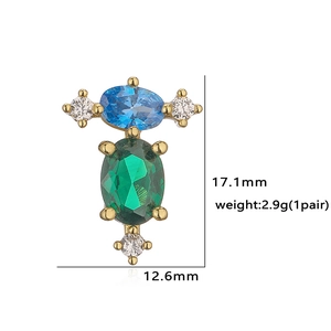 Vintage gold earrings with green and blue stones and white zircon crystals, 17.1mm size