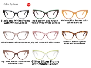 Cat-eye glasses frames showing eight stylish color options in a grid display layout