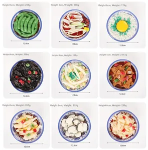 Detalle macro de nueve modelos realistas de comida china en cuencos de porcelana azul y blanca