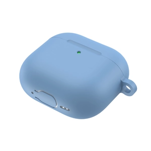 Sky blue silicone case for AirPods 4 with side lanyard hole and speaker cutouts detail