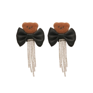 Silver needle bear earrings with black bow and sparkling tassel chains for women