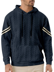 Detail of navy cable knit texture and contrasting sleeve stripes on men's hoodie