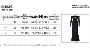 Detailed size chart for the off-shoulder long sleeve bodycon dress with measurements in cm