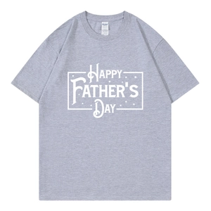 Detail of grey cotton T-shirt featuring a white Happy Father's Day print and Gildan neck label