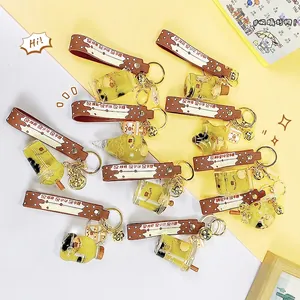 Cartoon liquid floating bear keychain with milk tea charms and premium leather strap