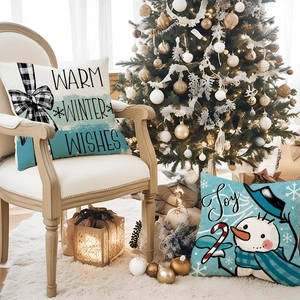 Christmas snowman linen pillow covers in festive blue and white for sofa holiday decor