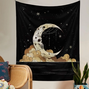 Bohemian style tapestry detail with gold moon and skeleton design in a cozy room set