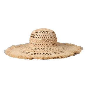 Hollow-out raffia sun hat with wide fringe brim for beach sun protection in beige
