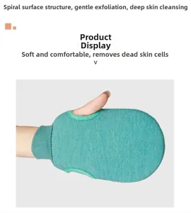 Close-up of green exfoliating bath mitt with spiral texture and elastic wrist cuff