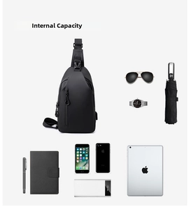 Detail view of black waterproof chest bag showing large capacity for tablet and umbrella