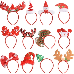 Macro shot of 12 festive Christmas headbands featuring reindeer antlers and Santa motifs