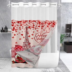 Detail of waffle weave shower curtain with gnome heart print and metal grommets