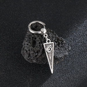 Silver stainless steel hoop earring with geometric engraved triangle pendant on volcanic stone