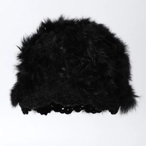 Women's black handmade crochet knit rabbit fur winter hat with warm fluffy texture