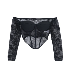 Detailed view of black lace off-shoulder corset top with sheer floral patterns and boning