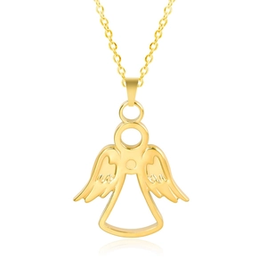 Detailed view of an 18k gold plated angel wing pendant with a fine cross chain necklace