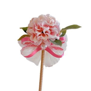 Pink artificial hydrangea flower pen with ribbon bow and elegant lace pearl decoration