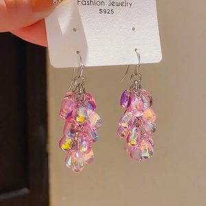 Detail of pink crystal drop earrings in grape cluster design with S925 silver hooks