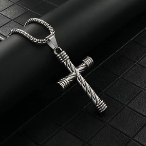 Hip-hop silver stainless steel cross pendant necklace with barbell textured snake chain