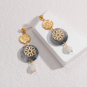 French vintage baroque flower earrings with grey marble disc and white pearl drops