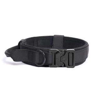 Tactical dog collar in heavy-duty black nylon with quick-release metal buckle and control handle
