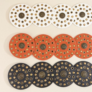 Set of 12 vintage camel PU leather coasters with bronze rivets and retro metal studs