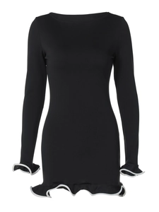 Sexy black long sleeve bodycon dress with white ruffled cuffs and hemline for women