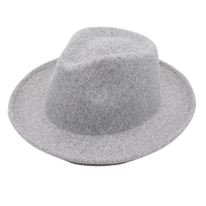 Detailed close-up of a classic grey felt fedora hat featuring a curled brim and wool texture