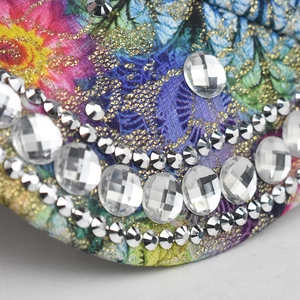 Colorful printed baseball cap with sparkling rhinestones and glitter finish for outdoor style