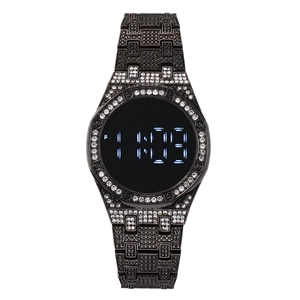 Fashionable black steel LED watch with full diamond bezel and blue digital display