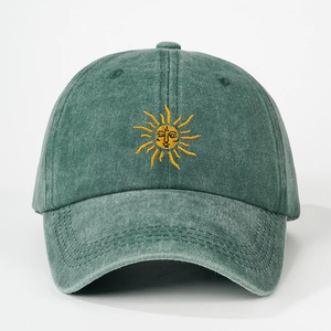 Vintage washed green baseball cap with sun embroidery and adjustable cotton strap