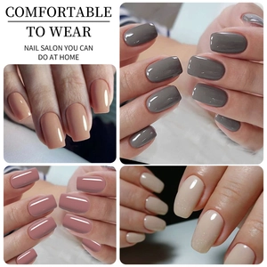Collage of square matte and glossy press-on nails in nude pink, grey and beige tones