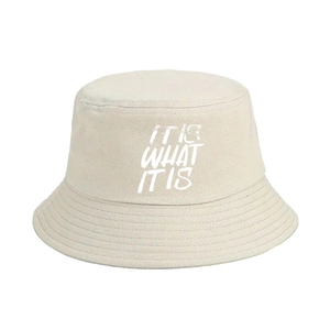 Beige cotton fisherman bucket hat with IT IS WHAT IT IS print for sun protection